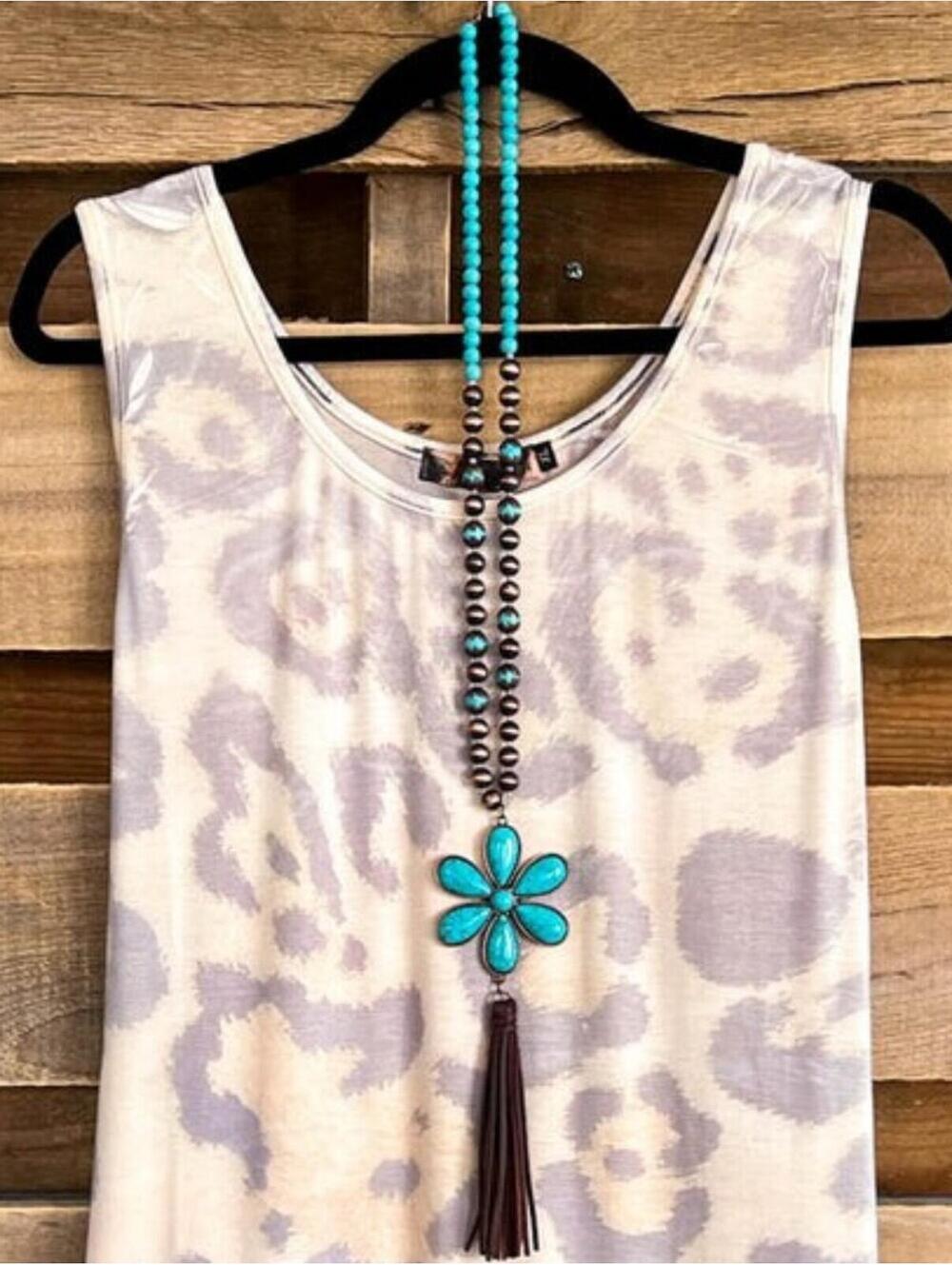 Turquoise Flower Pendant Beaded Tassel Necklace